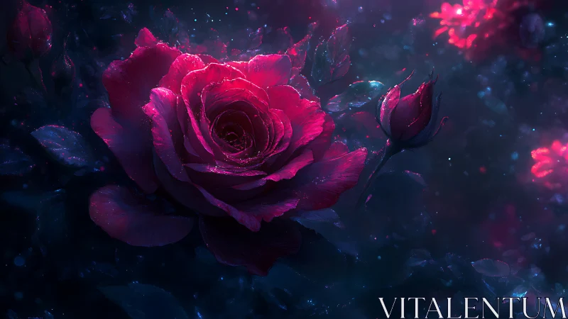 Single magenta rose glows against dark blurred background