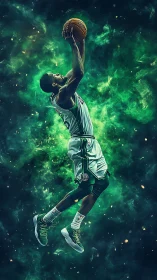 Dynamic basketball dunk explodes through swirling green cosmos.