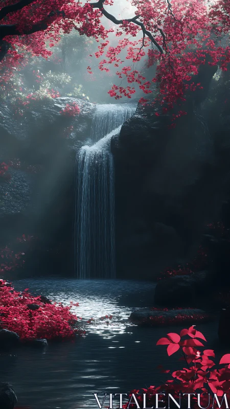 Waterfall pool framed by vivid red forest foliage.