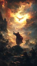 Prophet beneath blazing heavens and radiant spirit descent.