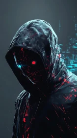 Cybernetic hooded figure with glowing eyes in dark void.