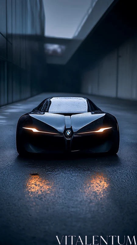 Futuristic BMW concept car glows on a wet urban roadway.