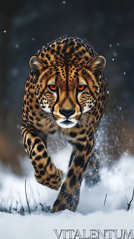 Cheetah sprinting through snow with shallow depth and motion detail