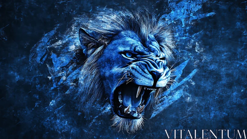 Electric blue roaring lion head over textured splatter field.