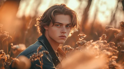 Young person in dry field at sunset with warm backlight.