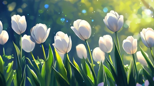 White tulips backlit with soft bokeh and ethereal light