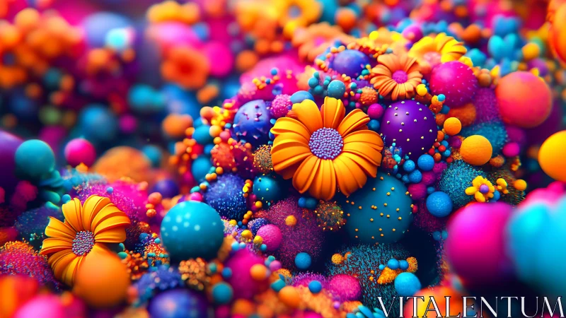 Vivid abstract flowers over colorful 3D spheres and orbs.