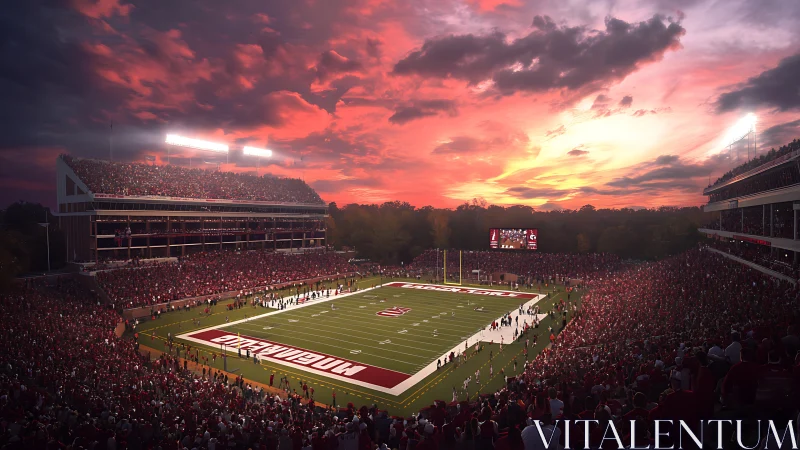 Crimson stadium roars beneath a molten cotton-candy sunset