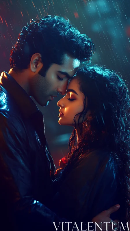 Intimate moment bathed in electric blue and amber light.