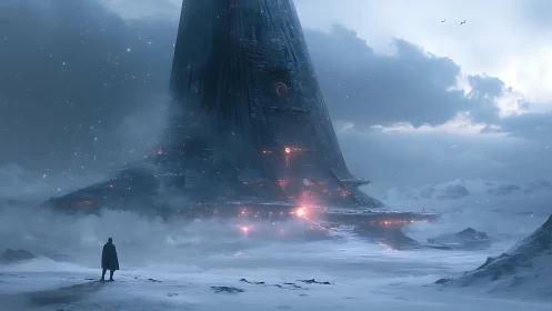 Lone wanderer before the frozen star-forged monolith tower.