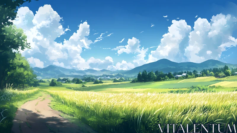 Sunlit country fields stretch toward distant blue mountains.