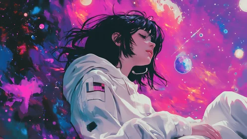 Solitary female astronaut drifting in neon cosmic nebula