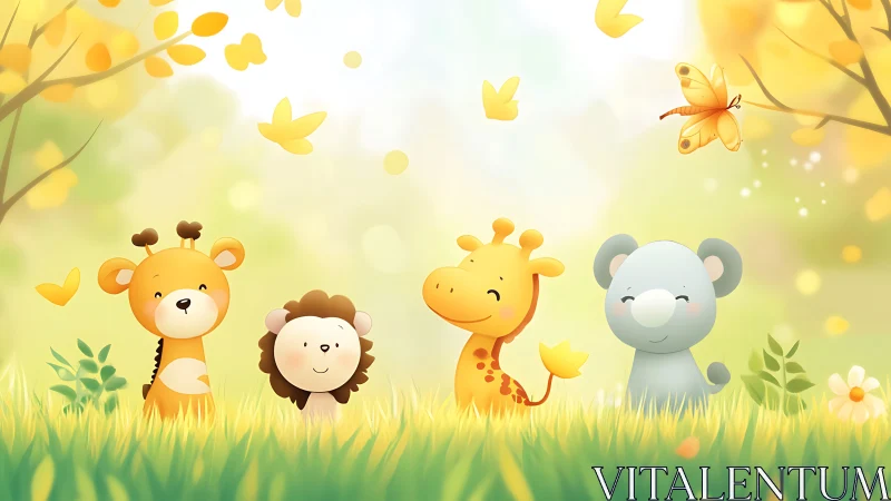 Cute cartoon safari animals in sunny meadow scene.