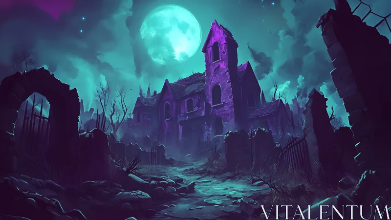 Haunted ruined mansion under eerie full moon glow at night.