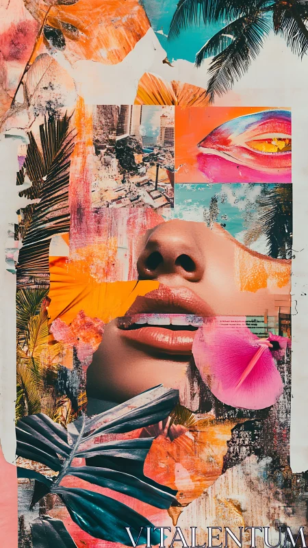 Collaged female face merges with tropical urban fragments
