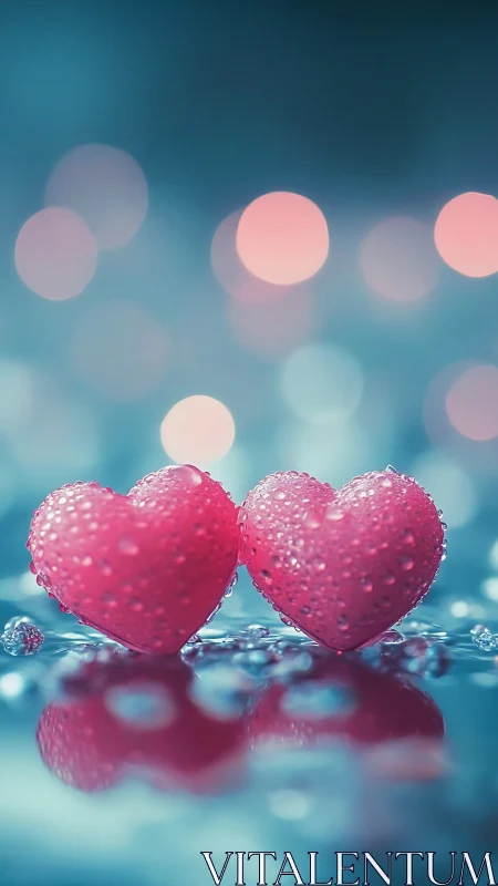 Crystalline Hearts Against Teal Bokeh Backdrop.