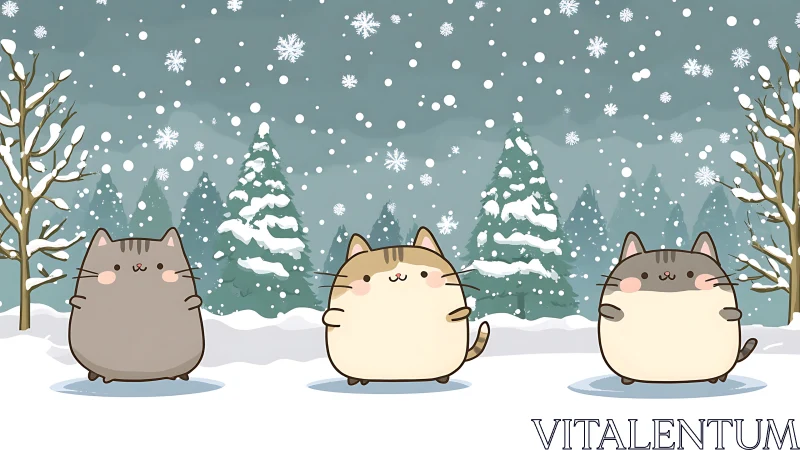 Three Cats in Snowy Landscape with Falling Snow and Trees