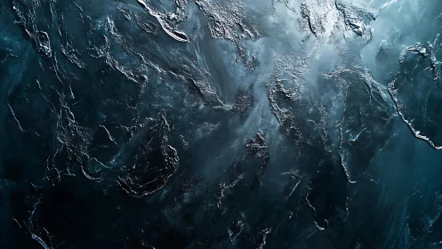 Abstract deep blue textured painting with metallic highlights.