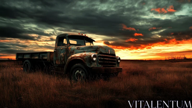 Rusted prairie truck waits quietly beneath a burning sky