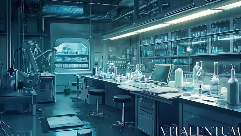 Futuristic bioscience laboratory bench with glassware and monitors