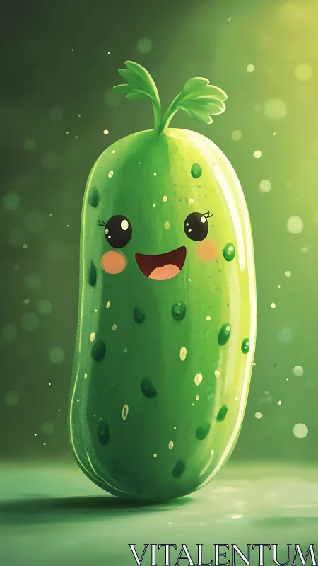 Cartoon cucumber character is rendered in soft green lighting