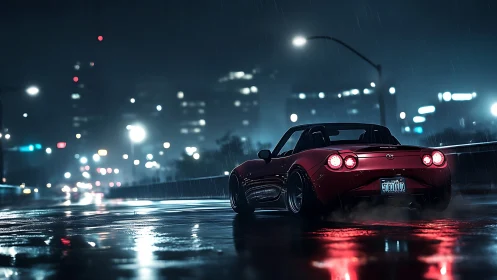 Red sports car on wet city street at night in rain.
