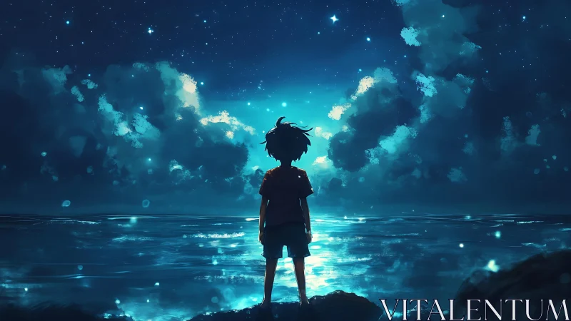 Silhouetted child observes illuminated ocean under star field
