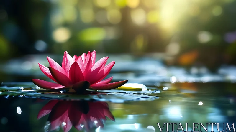 Radiant pink lotus in sunlit pond with mirror reflection.