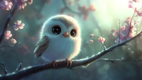 Adorable baby owl illustration on cherry blossom branch, soft lighting.