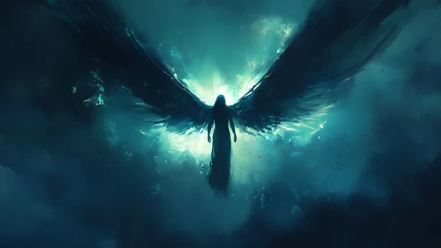Backlit dark angel silhouette with expansive ethereal wings