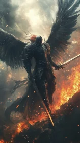 Dark armored angel stands over burning battlefield with swords
