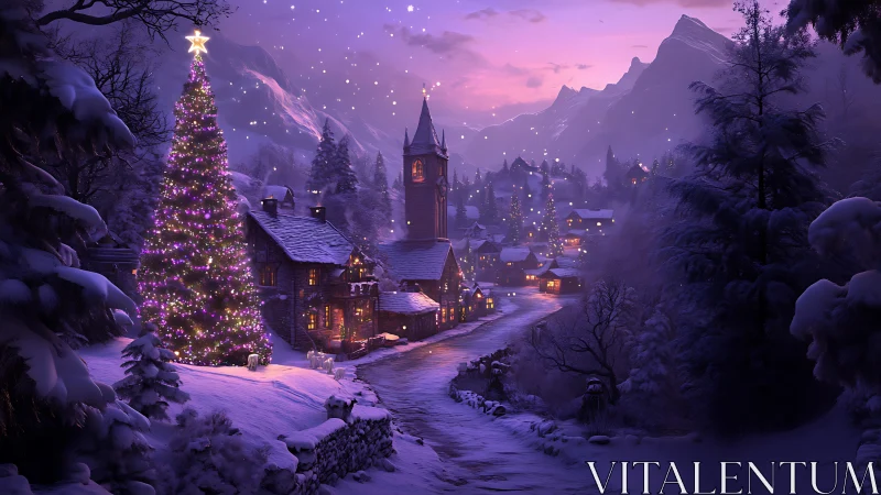 Snowy mountain village glows beneath a magical Christmas sky