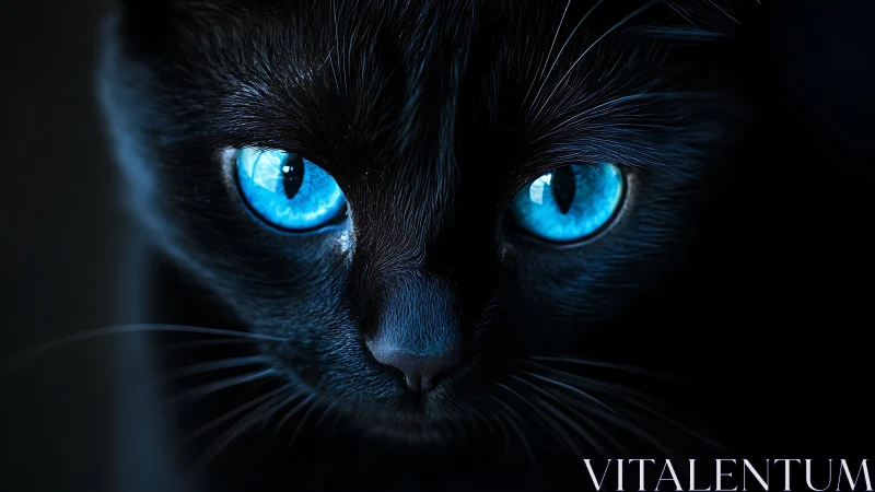 Black Cat with Striking Blue Eyes Against Dark Background.