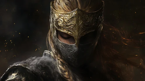 Armored warrior portrait with ornate gold and steel helm.