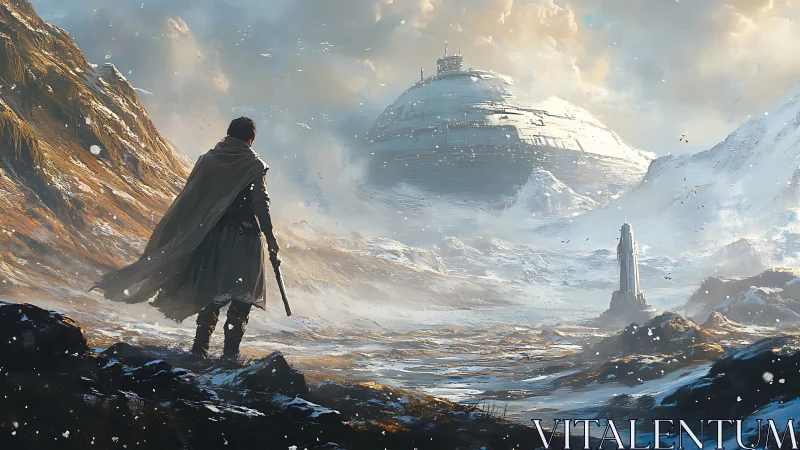 Wanderer weighs destiny before a buried skyfaring citadel