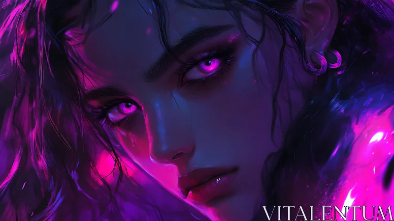 Neon-lit sorceress portrait with glowing magenta eyes.