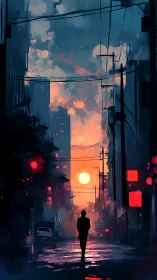 Silhouette walks down moody city street at vivid sunset