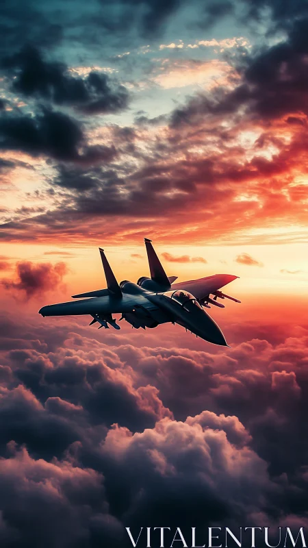 Stealth jet slices through blazing sunset storm clouds