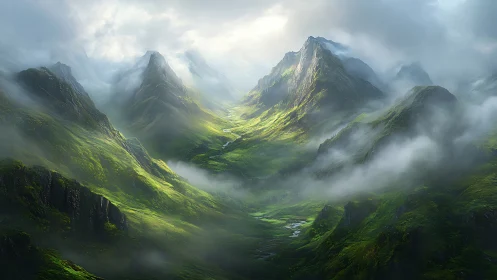 Lush green mountain valley with mist and dramatic light.