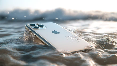 Sunlit smartphone drifting through sparkling sea foam.