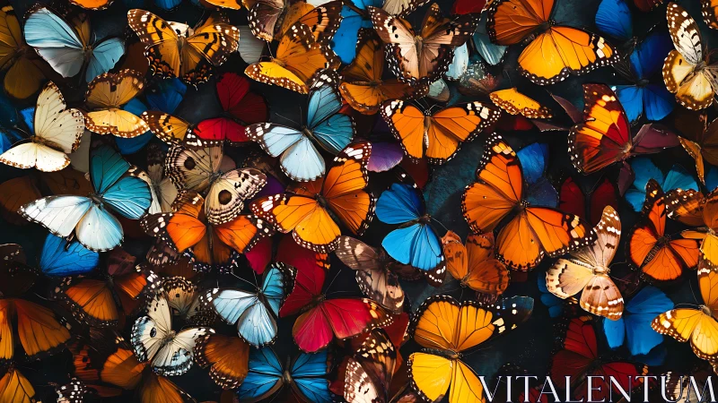 Overlapping butterfly specimens form a dense wing pattern