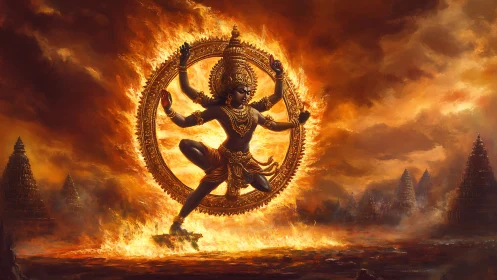 Flaming cosmic dancer silhouette commands infernal horizon.