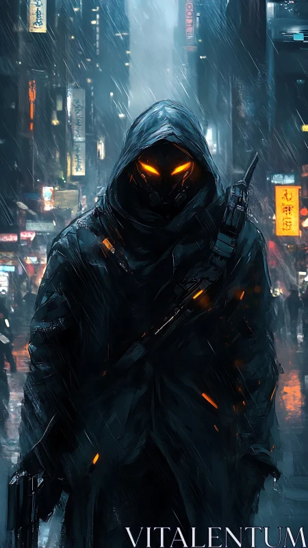 Cybernetic hooded operative in neon rain-soaked alleyway