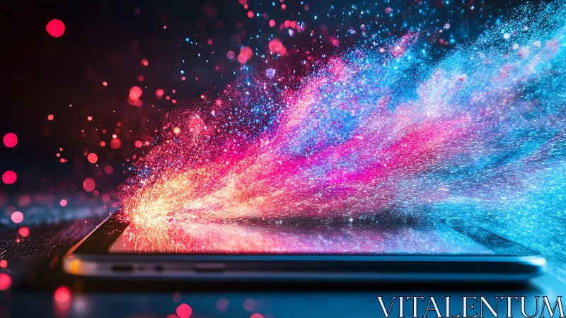 Tablet device with abstract digital particle dispersion.