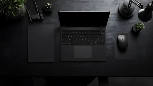 Cozy minimalist workspace with sleek black laptop and plants.