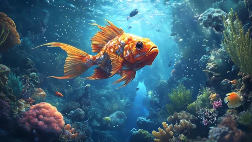 Orange fish swims through detailed coral reef environment