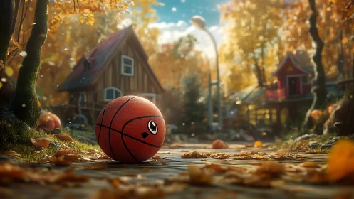 Basketball on autumn path near small wooden houses.