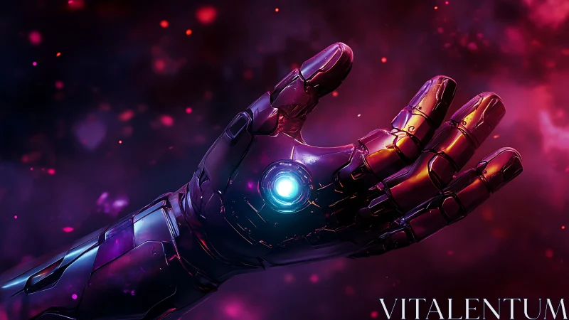 Chrome robotic hand with glowing core in space scene.