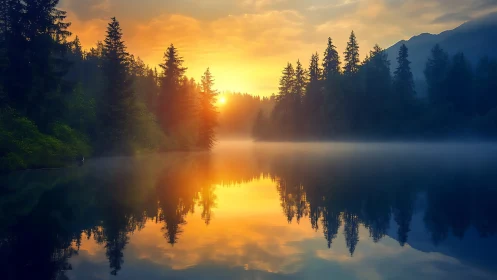 Sunrise forest lake with glowing mist and reflections.