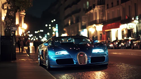 Blue supercar parked on glowing city street at night.